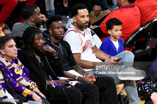 Vinicius Junior and Maverick Carter attend a basketball game between the Los Angeles Lakers and the Boston Celtics at Crypto.com Arena on December...