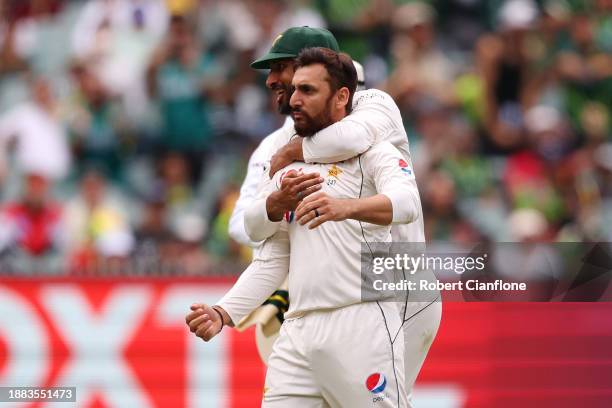 Agha Salman of Pakistan celebrates after dismissing David Warner of Australia during day one of the Second Test Match between Australia and Pakistan...