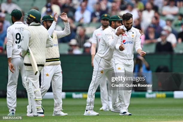 Agha Salman of Pakistan celebrates after dismissing David Warner of Australia during day one of the Second Test Match between Australia and Pakistan...