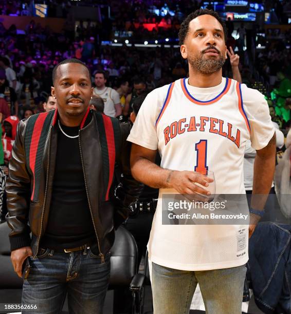 Rich Paul and Maverick Carter attend a basketball game between the Los Angeles Lakers and the Boston Celtics at Crypto.com Arena on December 25, 2023...