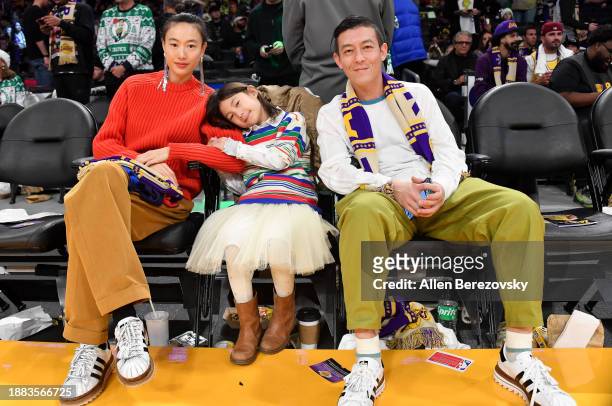 Edison Chen and family attend a basketball game between the Los Angeles Lakers and the Boston Celtics at Crypto.com Arena on December 25, 2023 in Los...