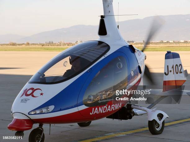 View of gyrocopter, an aerial vehicle with rotary wings and propellers is used by the Turkish Provincial Gendarmerie Command as they patrol around...