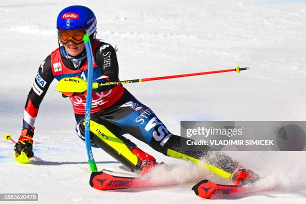 Mikaela Shiffrin competes in the first run of the Women's Slalom race at the FIS Alpine Skiing World Cup event on December 29, 2023 in Lienz, Austria.