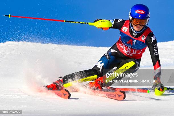 Mikaela Shiffrin competes in the first run of the Women's Slalom race at the FIS Alpine Skiing World Cup event on December 29, 2023 in Lienz, Austria.