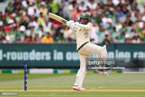 Usman Khawaja of Australia bats during day one of the Second Test Match between Australia and Pakistan at Melbourne Cricket Ground on December 26,...