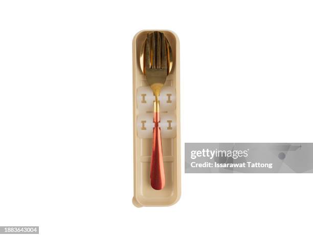 golden coloured cutlery set with isolated on white background. - realistic illustration stock pictures, royalty-free photos & images