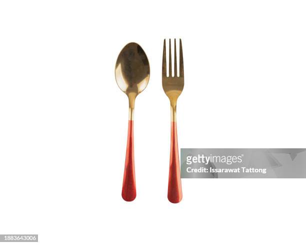 golden coloured cutlery set with isolated on white background. - realistic illustration stock pictures, royalty-free photos & images