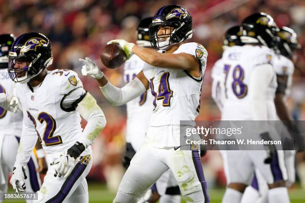 Kyle Hamilton of the Baltimore Ravens celebrates after his interception during the second quarter against the San Francisco 49ers at Levi's Stadium...