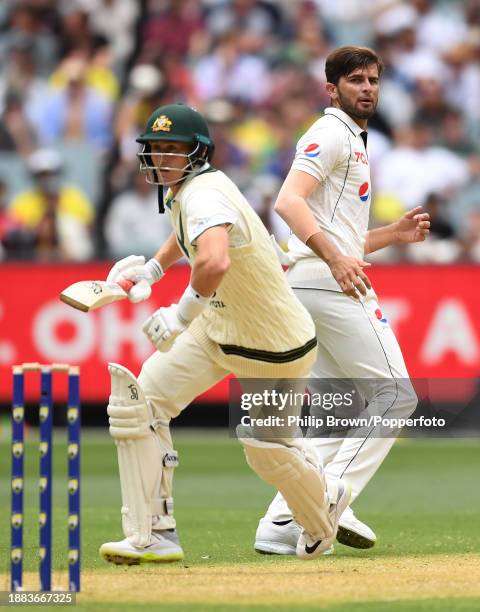 Shaheen Shah Afridi of Pakistan watches Marnus Labuschagne during day one of the Second Test Match between Australia and Pakistan at Melbourne...