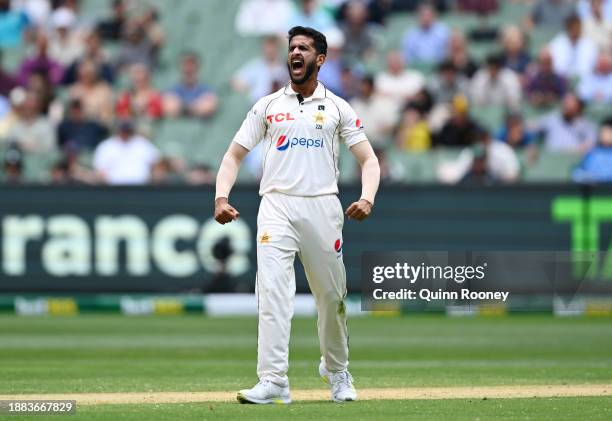 Hasan Ali of Pakistan celebrates after dismissing Usman Khawaja of Australia during day one of the Second Test Match between Australia and Pakistan...