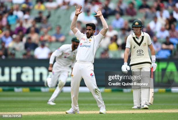 Hasan Ali of Pakistan celebrates after dismissing Usman Khawaja of Australia during day one of the Second Test Match between Australia and Pakistan...