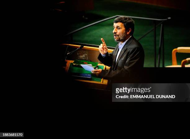 Iran's President Mahmoud Ahmadinejad addresses the 65th General Assembly at the United Nations headquarters in New York, September 23, 2010. AFP...