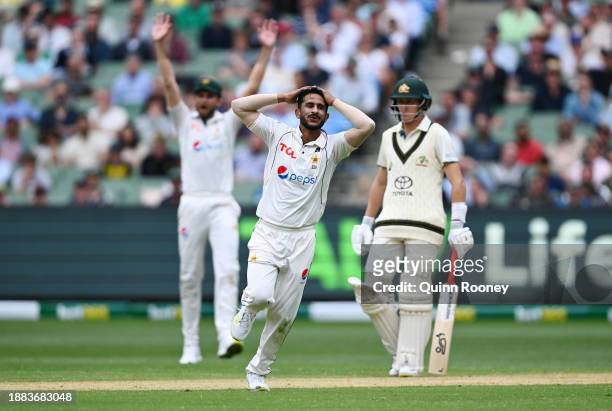 Hasan Ali of Pakistan celebrates after dismissing Usman Khawaja of Australia during day one of the Second Test Match between Australia and Pakistan...