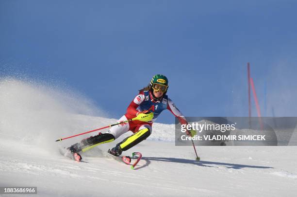 Austria's Katharina Liensberger competes in the first run of the Women's Slalom race at the FIS Alpine Skiing World Cup event on December 29, 2023 in...