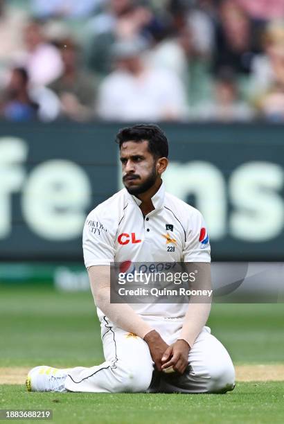 Hasan Ali of Pakistan reacts after a delivery during day one of the Second Test Match between Australia and Pakistan at Melbourne Cricket Ground on...