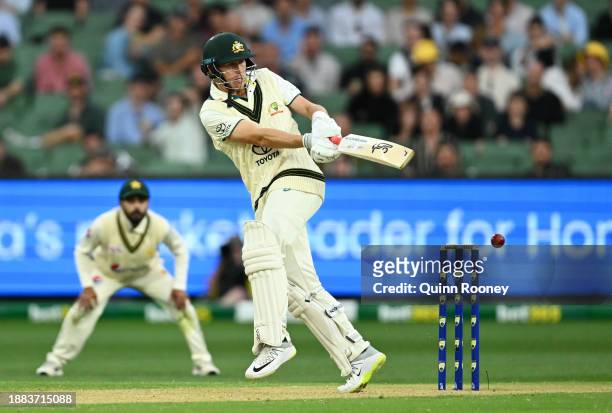 Marnus Labuschagne of Australia bats during day one of the Second Test Match between Australia and Pakistan at Melbourne Cricket Ground on December...
