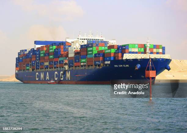 Cargo ship crosses the Suez Canal, one of the most critical human-made waterways, in Ismailia, Egypt on December 29, 2023. The Suez Canal remains...