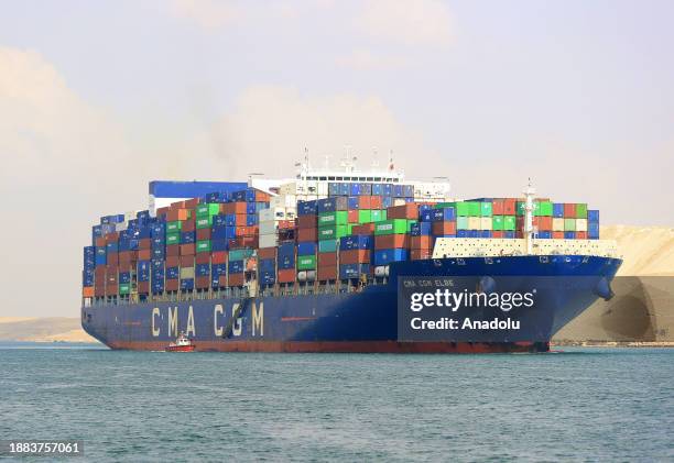 Cargo ship crosses the Suez Canal, one of the most critical human-made waterways, in Ismailia, Egypt on December 29, 2023. The Suez Canal remains...