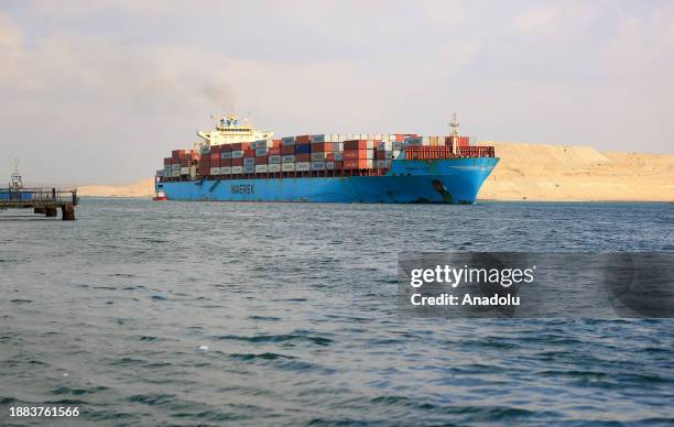 Cargo ship crosses the Suez Canal, one of the most critical human-made waterways, in Ismailia, Egypt on December 29, 2023. The Suez Canal remains...