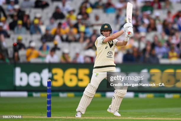 Marnus Labuschagne of Australia bats during day one of the Second Test Match between Australia and Pakistan at Melbourne Cricket Ground on December...