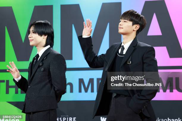 Taemin and Minho of SHINee attend the '2023 Melon Music Awards' red carpet event at Inspire Arena in Jung-gu on December 02, 2023 in Incheon, South...