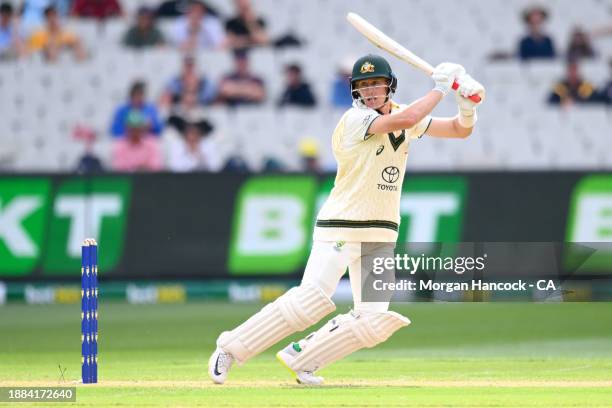 Marnus Labuschagne of Australia bats during day one of the Second Test Match between Australia and Pakistan at Melbourne Cricket Ground on December...