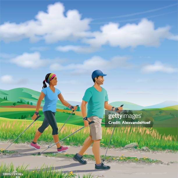 illustrations, cliparts, dessins animés et icônes de couple de marche nordique dans un paysage agricole rural - marche sportive