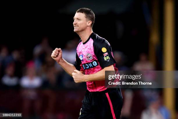 Jackson Bird of the Sixers celebrates claiming the wicket of Tom Rogers of the Stars bats during the BBL match between Sydney Sixers and Melbourne...