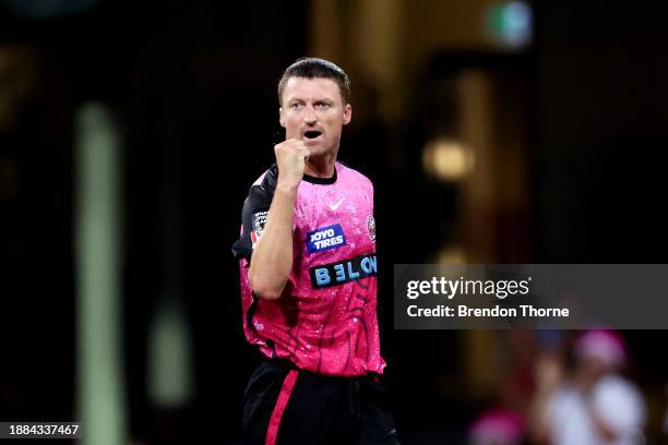 Jackson Bird of the Sixers celebrates claiming the wicket of Glenn Maxwell of the Stars during the BBL match between Sydney Sixers and Melbourne...