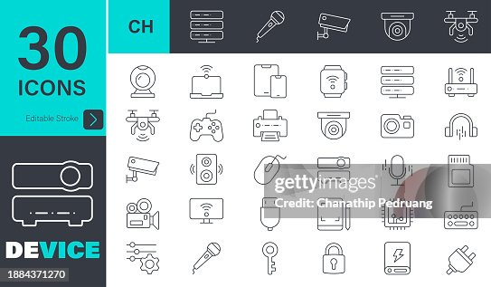 Device Icons set. 30 editable stroke vector graphic elements, electronic devices and gadgets, computer, equipment and electronics, smartphone, monitor Device Icons set. 30 editable stroke vector graphic elements, electronic devices and gadgets, computer, equipment and electronics, smartphone, monitor