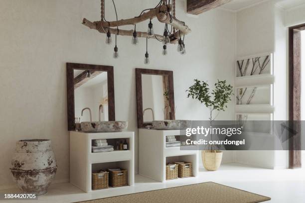 modern bathroom with marble sinks, white cabinets and potted plant - best country stock pictures, royalty-free photos & images