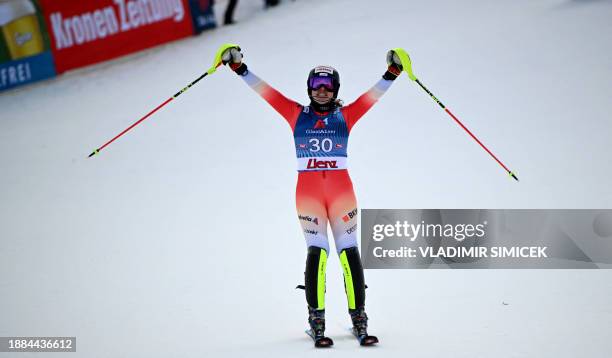 Switzerland's Nicole Good reacts after her second run of the Women's Slalom race at the FIS Alpine Skiing World Cup event on December 29, 2023 in...