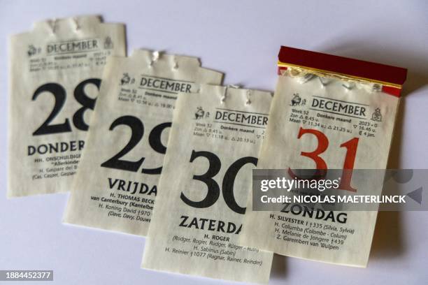 Illustration picture shows the pages of 28-29-30 and 31 December 2023 in Dutch from the 'De Druivelaar' tear off calendar , in Lierde, Friday 29...