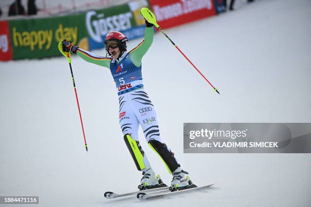 Germany's Lena Duerr reacts after her second run of the Women's Slalom race at the FIS Alpine Skiing World Cup event on December 29, 2023 in Lienz,...