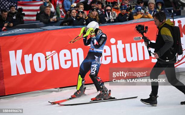 Paula Moltzan reacts after her second run of the Women's Slalom race at the FIS Alpine Skiing World Cup event on December 29, 2023 in Lienz, Austria.