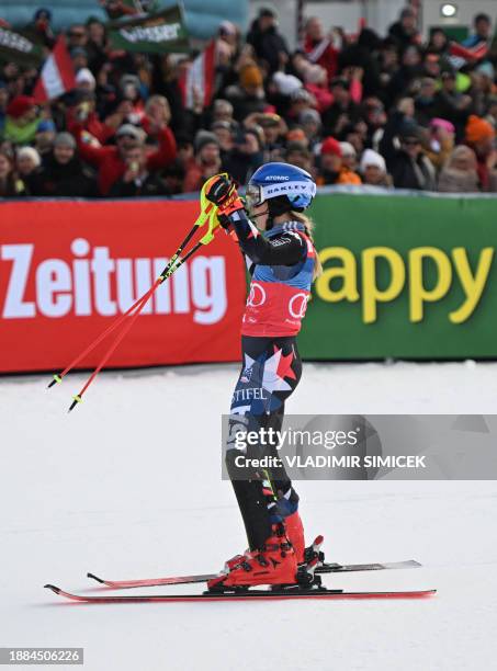 Mikaela Shiffrin reacts after her second run of the Women's Slalom race at the FIS Alpine Skiing World Cup event on December 29, 2023 in Lienz,...