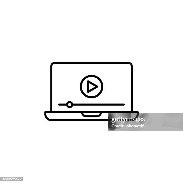 tutorial video on laptop screen line icon with editable stroke. the icon is suitable for web design, mobile apps, ui, ux, and gui design. - video play icon white background stock illustrations