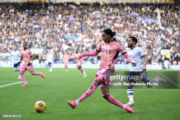 Djed Spence of Leeds United crosses the ball during the Sky Bet Championship match between Preston North End and Leeds United at Deepdale on December...