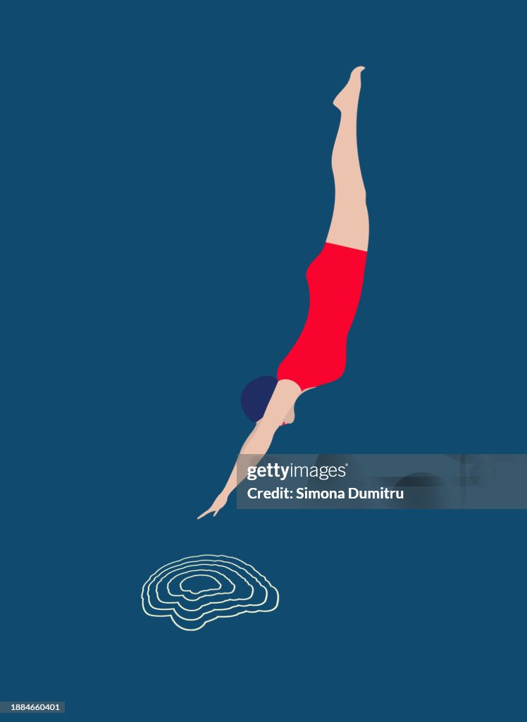 Conceptual illustration of a swimmer jumping in water that forms ripples in the shape of a brain