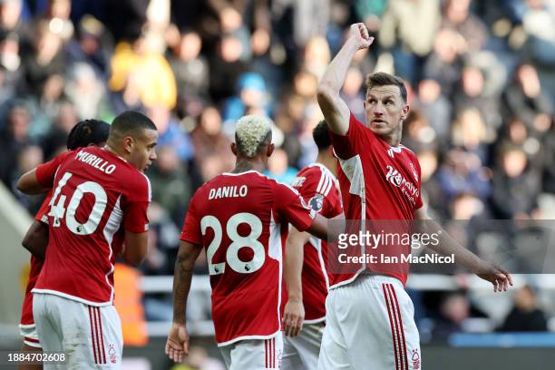 Chris Wood of Nottingham Forest celebrates after scoring their sides first goal during the Premier League match between Newcastle United and...