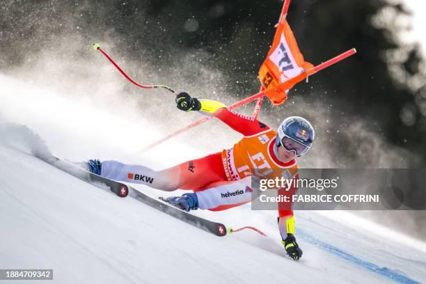 Switzerland's Marco Odermatt competes during the Men's Super-G race at the FIS Alpine Skiing World Cup event in Bormio on December 29, 2023.