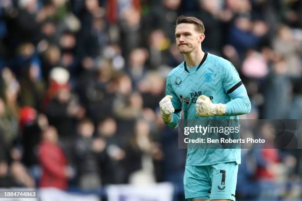 Freddie Woodman of Preston North End celebrates the goal scored by Alan Browne of Preston North End to make it 1-0 during the Sky Bet Championship...