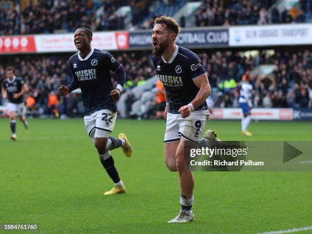 Tom Bradshaw of Millwall Celebrates scoring the first goal in the Sky Bet Championship match between Millwall and Queens Park Rangers at The Den on...