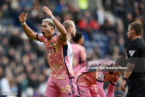 Mateo Joseph of Leeds United to the leeds fans during the Sky Bet Championship match between Preston North End and Leeds United at Deepdale on...