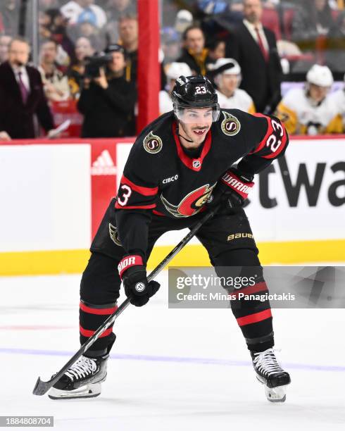 Travis Hamonic of the Ottawa Senators skates during the second period against the Pittsburgh Penguins at Canadian Tire Centre on December 23, 2023 in...