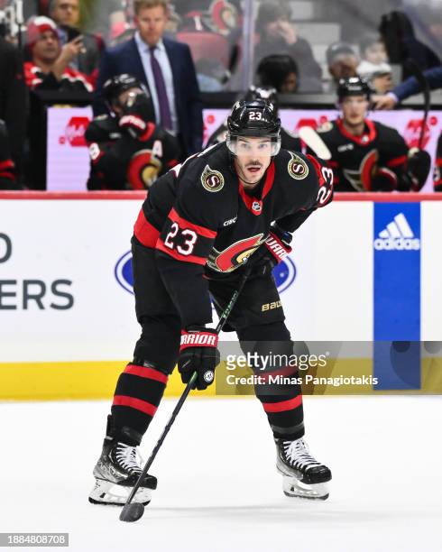 Travis Hamonic of the Ottawa Senators skates during the second period against the Pittsburgh Penguins at Canadian Tire Centre on December 23, 2023 in...