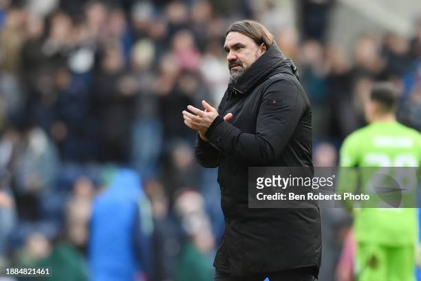 Leeds United Manager Daniel Farke applauds the away fans after the Sky Bet Championship match between Preston North End and Leeds United at Deepdale...