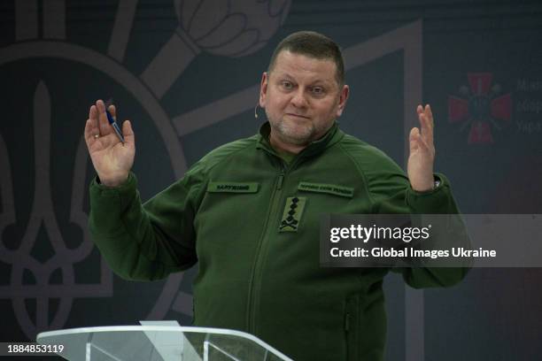 Commander-in-Chief of the Armed Forces of Ukraine Valerii Zaluzhnyi talks during conference on December 26, 2023 in Kyiv, Ukraine. The press...