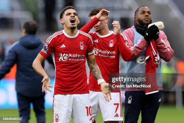 Morgan Gibbs-White of Nottingham Forest celebrates following their sides victory after the Premier League match between Newcastle United and...