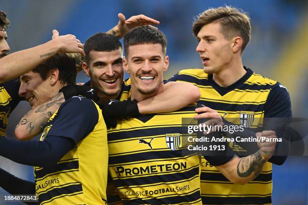 Dennis Man celebrates during the Serie B match between Brescia and Parma at Stadio Mario Rigamonti on December 26, 2023 in Brescia, Italy.